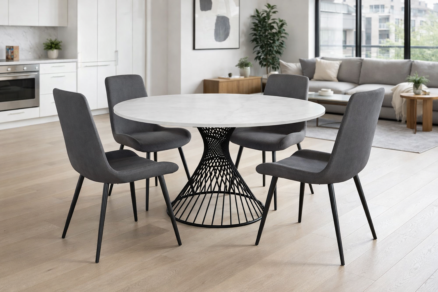 TOWER Round Dining Table 47" + (4) Bellmar Dining Chair Sintered Stone/Grey Fabric