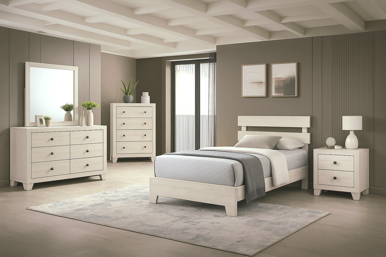 B6982 Atticus Bedroom Set Twin Bed + Dresser + Mirror + Nightstand White Wash