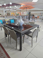 WS-1180 Square Dining Table Set + (4) 95002 Wicker Stack Armless chair Alum. Frame/Mixed Grey