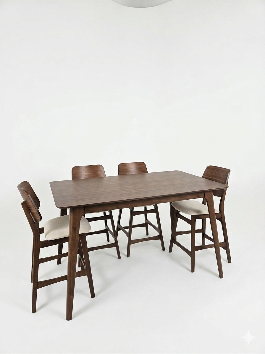 OSCAR Dining Set Counter Height w/ (4) Stools Walnut Finish / Beige Polyester Fabric