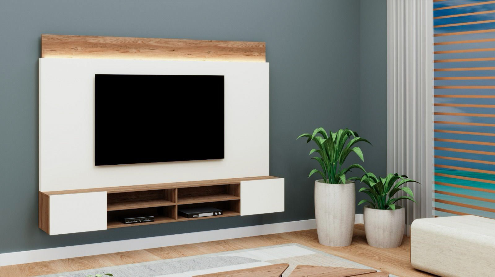 VORA Hanging TV Unit 2.2m (86.7") UV High Gloss White/UV Hazelnut