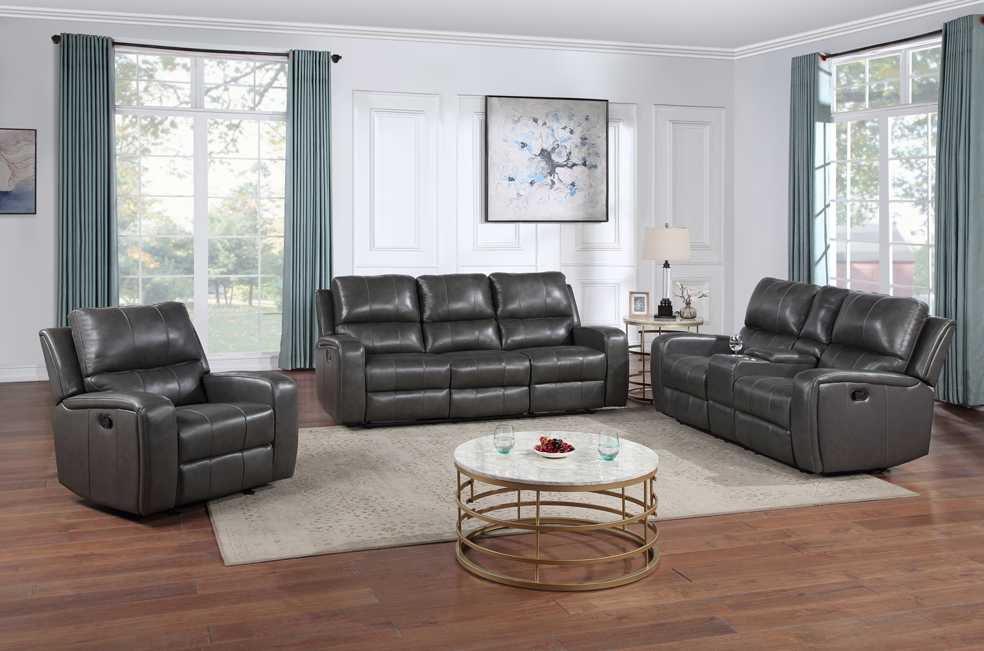 L1721 - LINTON Double Sofa w/Dual Recliner + Console- Dark Grey Leather 46766