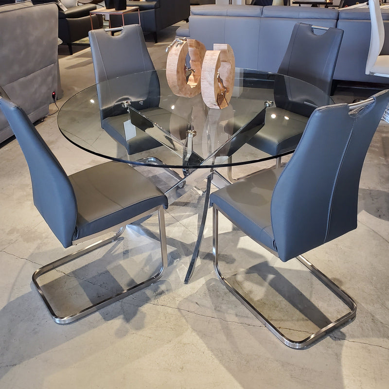 F2133 Round Glass Dining Table 51" + (4) Dining Chair Grey PU