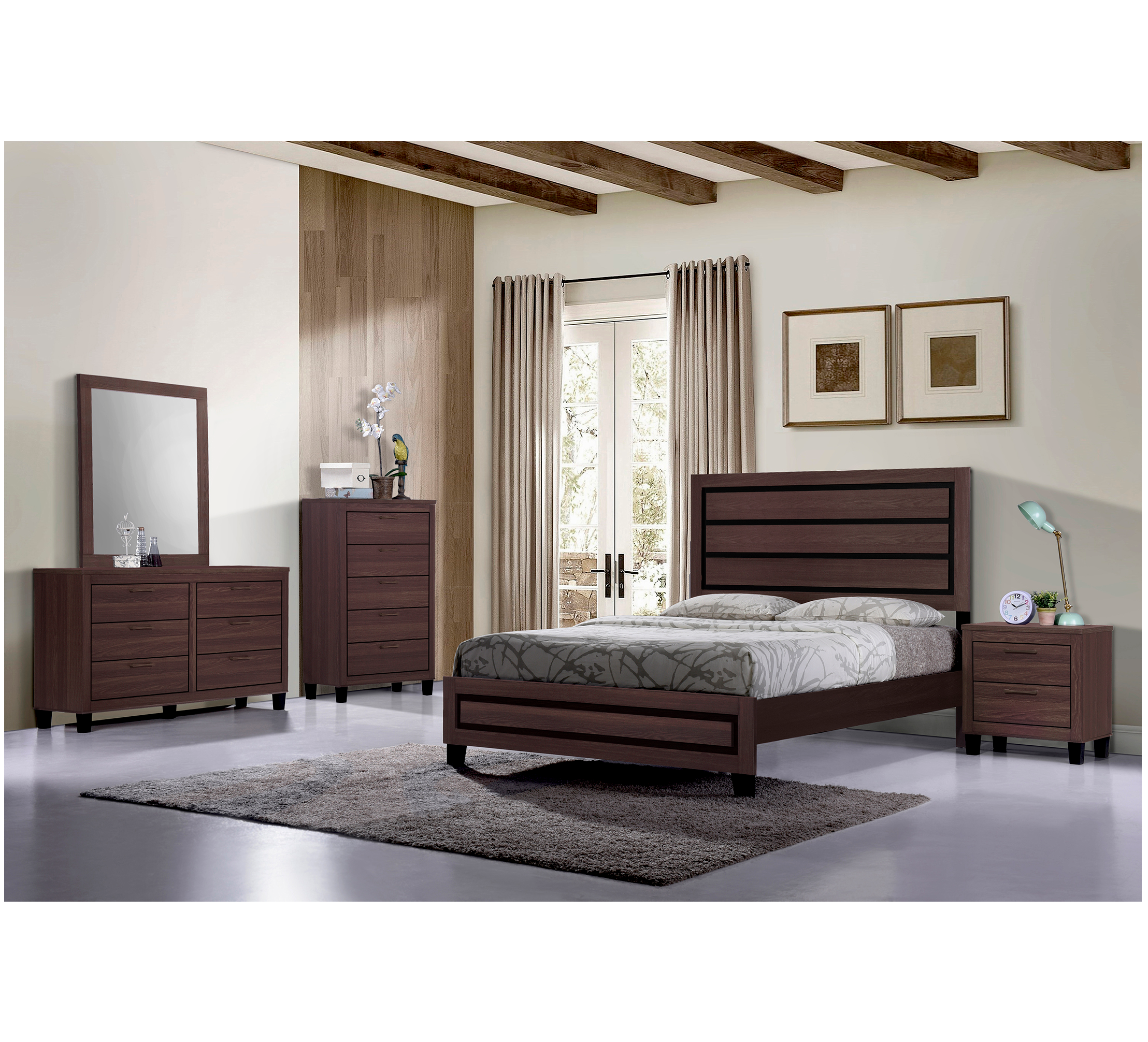 B015 - Full Bed Oak + Dresser + Mirror + Nightstand