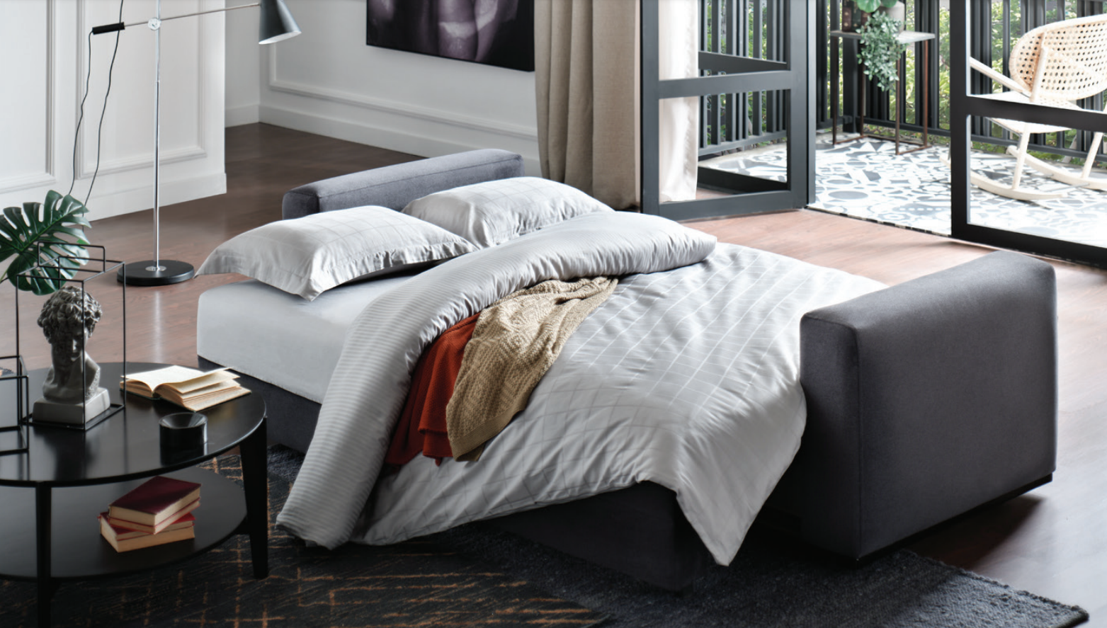 Carino - 3-Seater Sofa Bed w/Storage+3pcs Throw Pillows (Dark Grey) - 47355