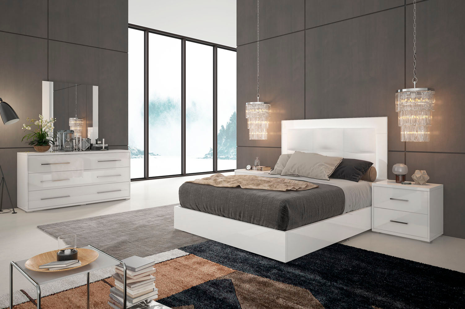VERSALLES - King Bed + Dresser + Mirror + (1) Nightstand (White Laquer)