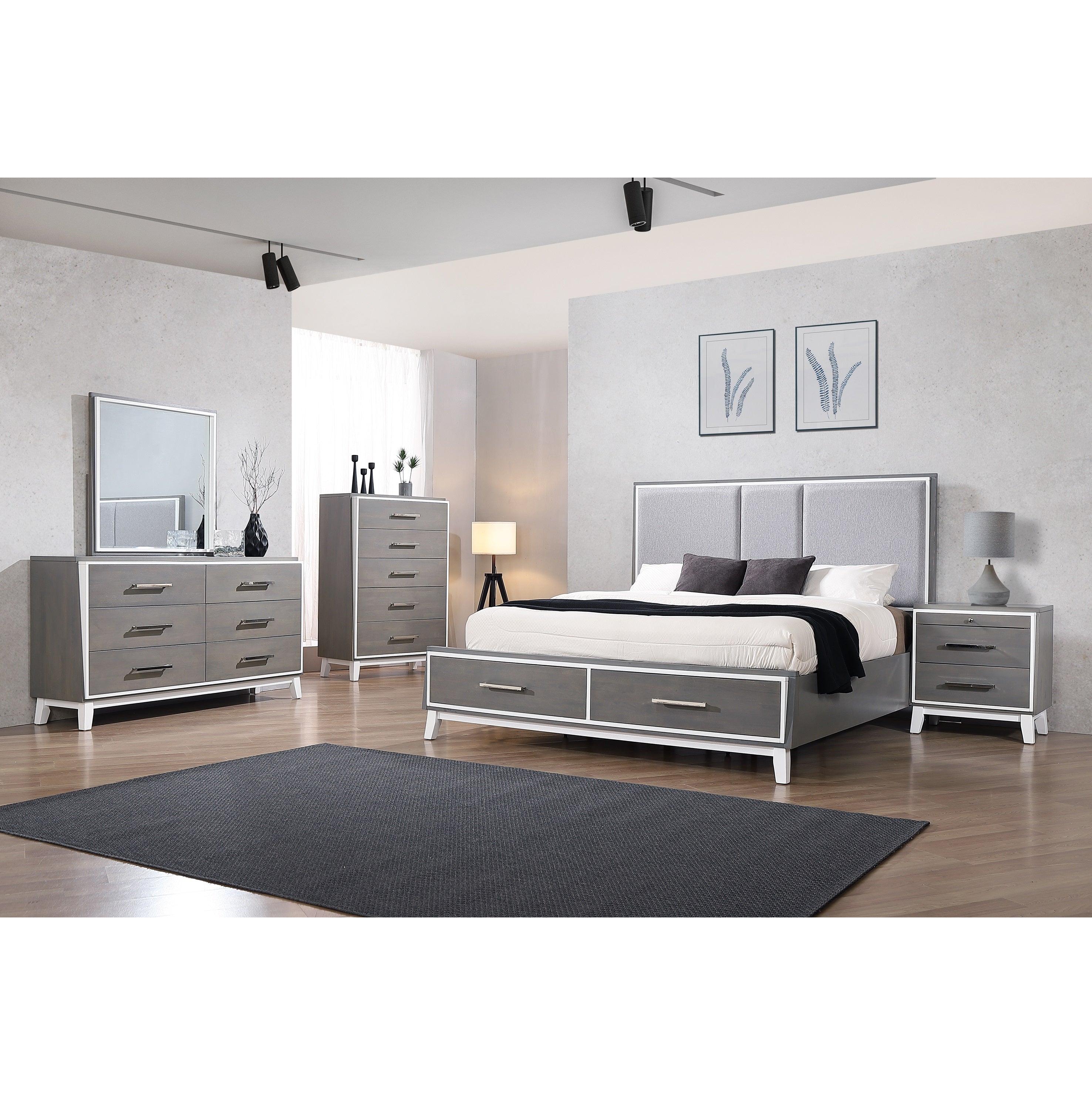 Zephyr - King Bed w/ 2 Drawers + Dresser + Mirror + Nightstand - White/Gray