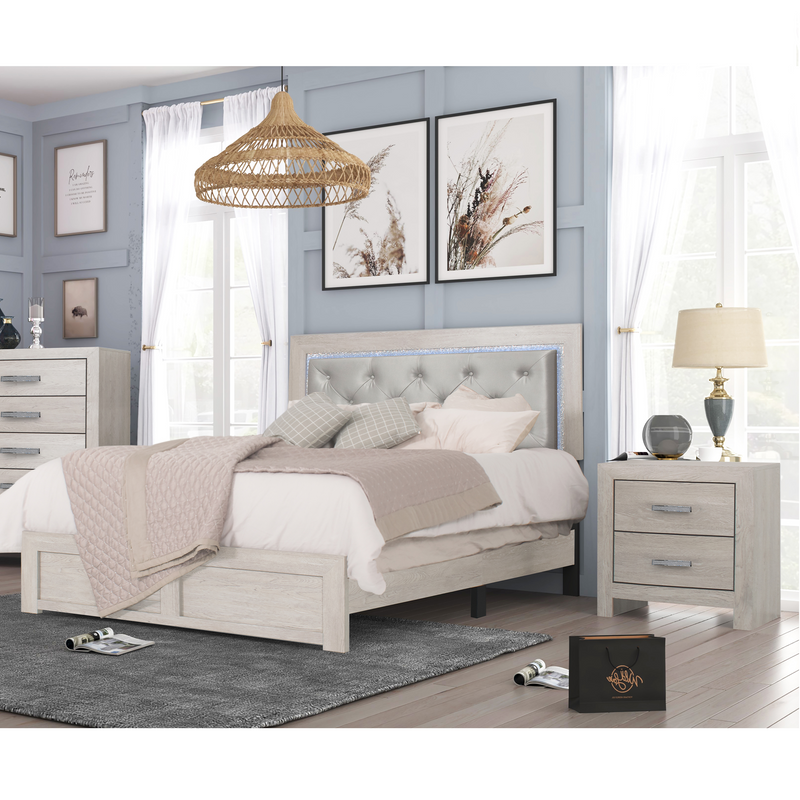 B9270 Queen Bed + Nightstand Pickled Oak Finish White Wood